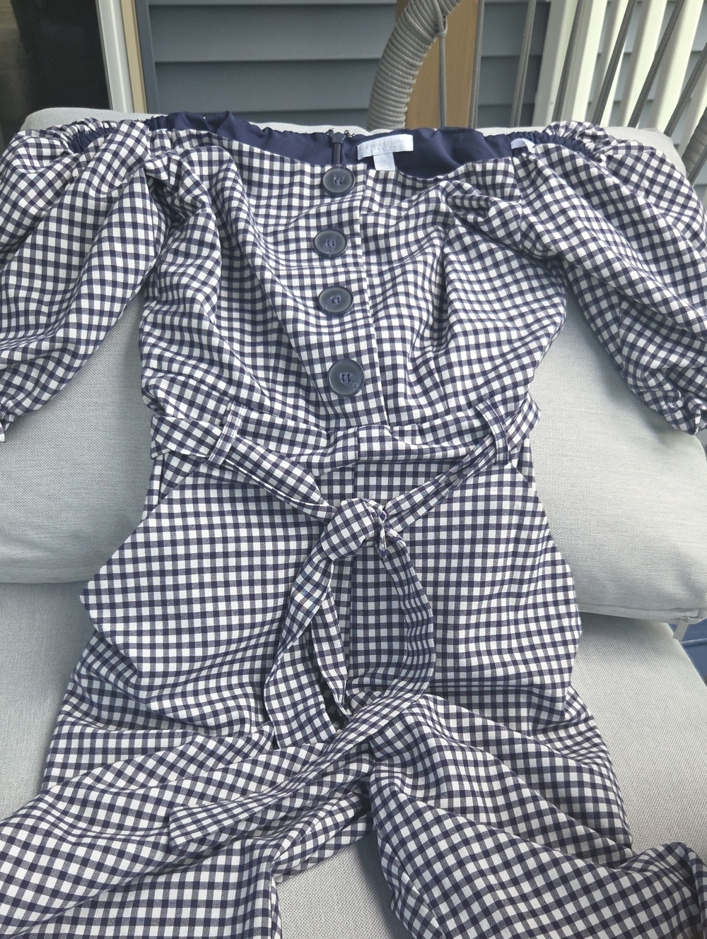 New York & Company Off-Shoulder Gingham Stretch Jumpsuit